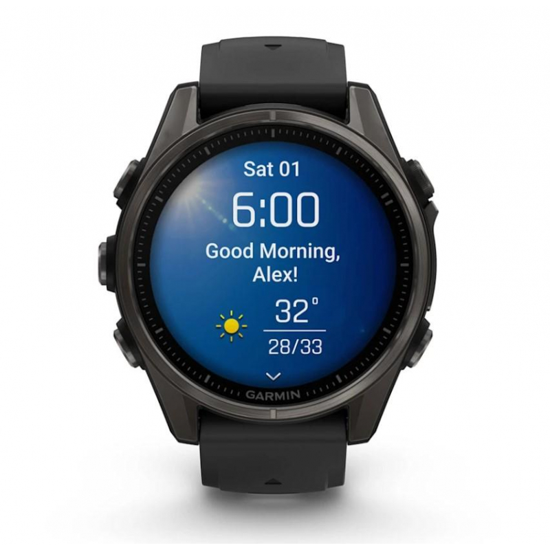 fenix 8 – 43 mm, AMOLED Sapphire, Carbon grey DLC titanium with Black/pebble grey silicone band (010-02903-21)