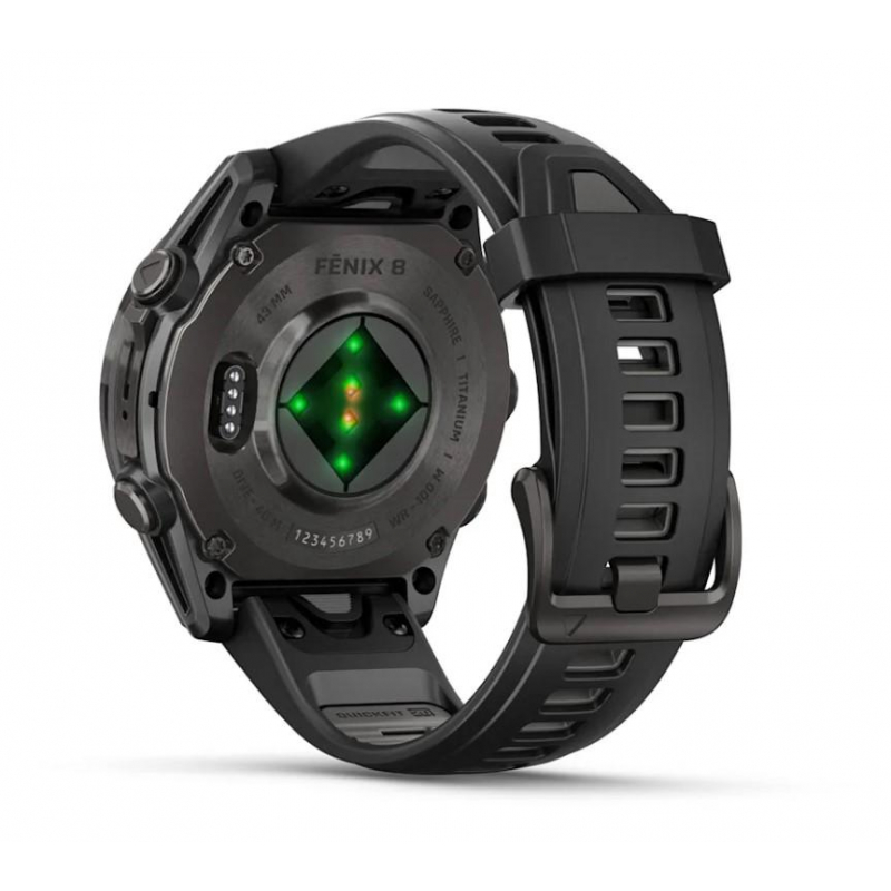 fenix 8 – 43 mm, AMOLED Sapphire, Carbon grey DLC titanium with Black/pebble grey silicone band (010-02903-21)